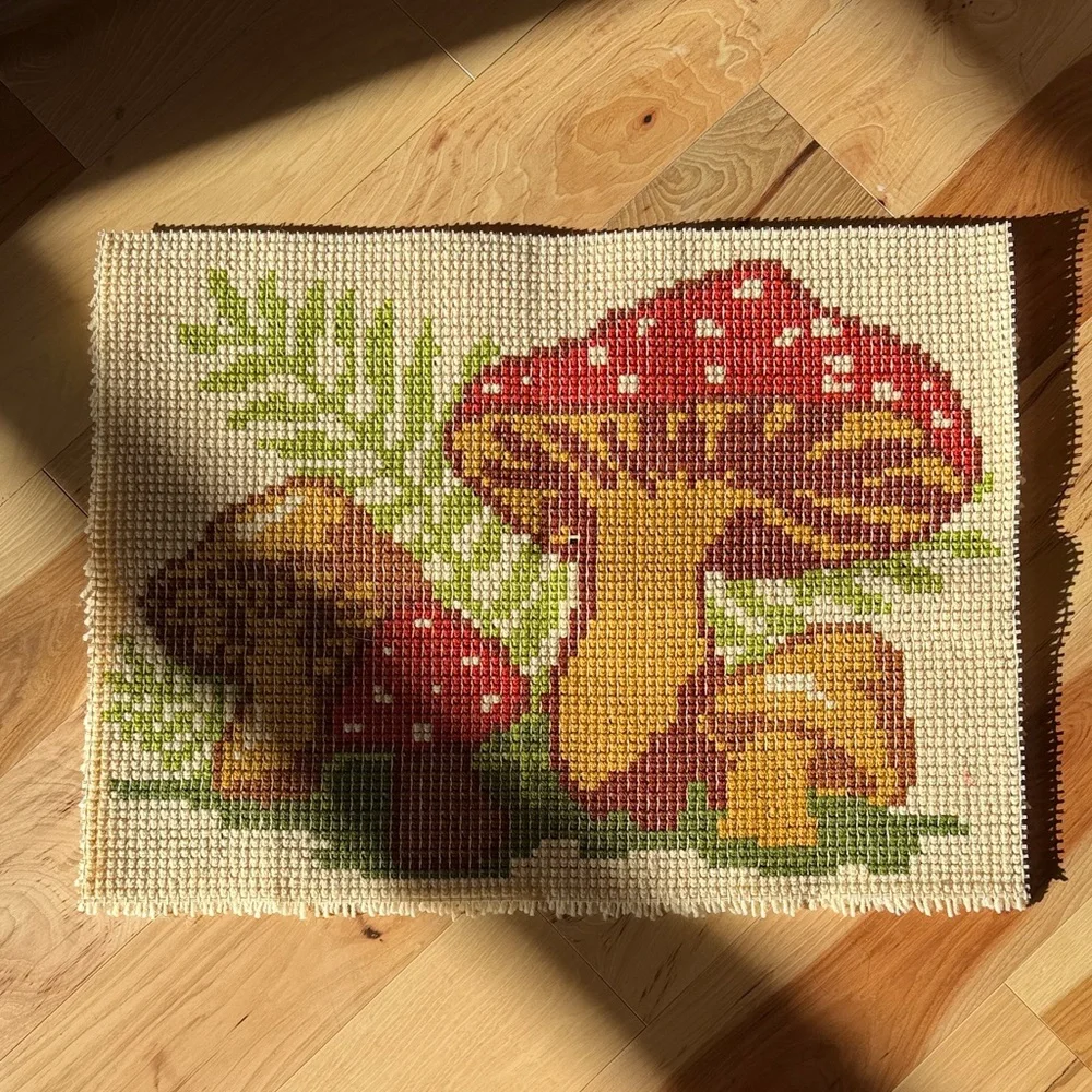 Vintage Mushroom Design Latch Hook Rug, Completed-By Me!